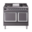 ILVE 40-Inch Nostalgie II Noblesse Propane Gas Dual Fuel Range with Solid Door Oven in Matte Graphite with Chrome Trim (UND40FQNMPMGCLP)