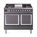 ILVE 40-Inch Nostalgie II Noblesse Natural Gas Dual Fuel Range with Solid Door Oven in Matte Graphite with Chrome Trim (UND40FQNMPMGC)