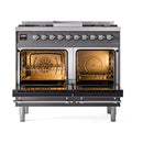 ILVE 40-Inch Nostalgie II Noblesse Natural Gas Dual Fuel Range with Solid Door Oven in Matte Graphite with Chrome Trim (UND40FQNMPMGC)