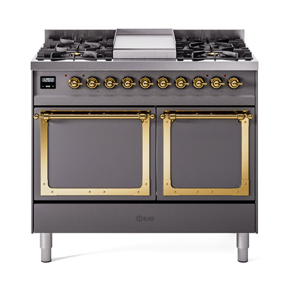 Matte graphite dual fuel range with brass-trimmed doors, dual ovens and black burner grates