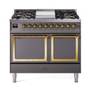 ILVE 40-Inch Nostalgie II Noblesse Natural Gas Dual Fuel Range with Solid Door Oven in Matte Graphite with Brass Trim (UND40FQNMPMGG)