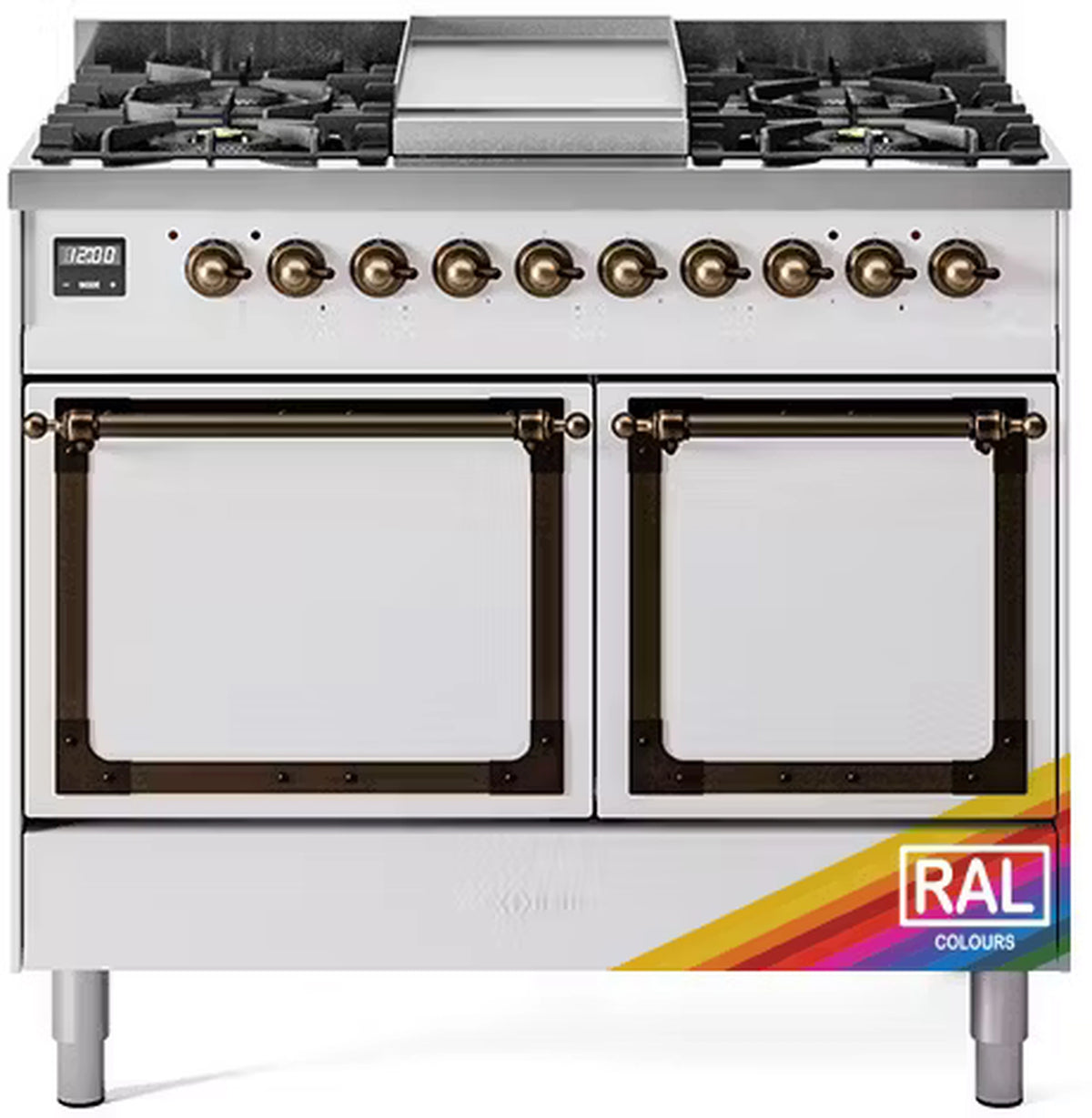 Stainless propane gas dual-fuel range with two solid oven doors and bronze trim