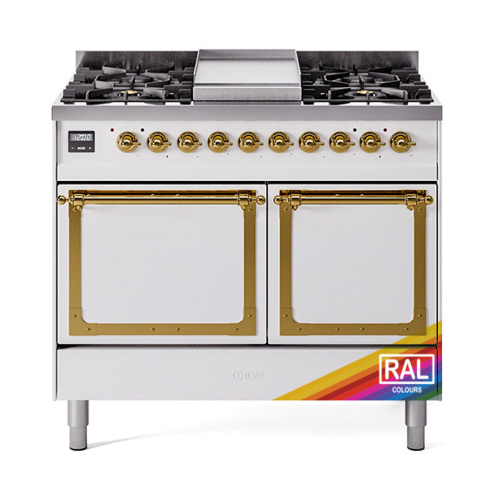 Dual fuel range with two solid glass oven doors, brass trim, and black burner grates