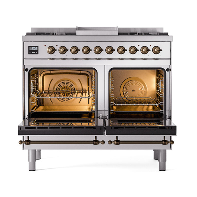 Dual fuel range with two open ovens showing racks and bronze-trimmed doors.
