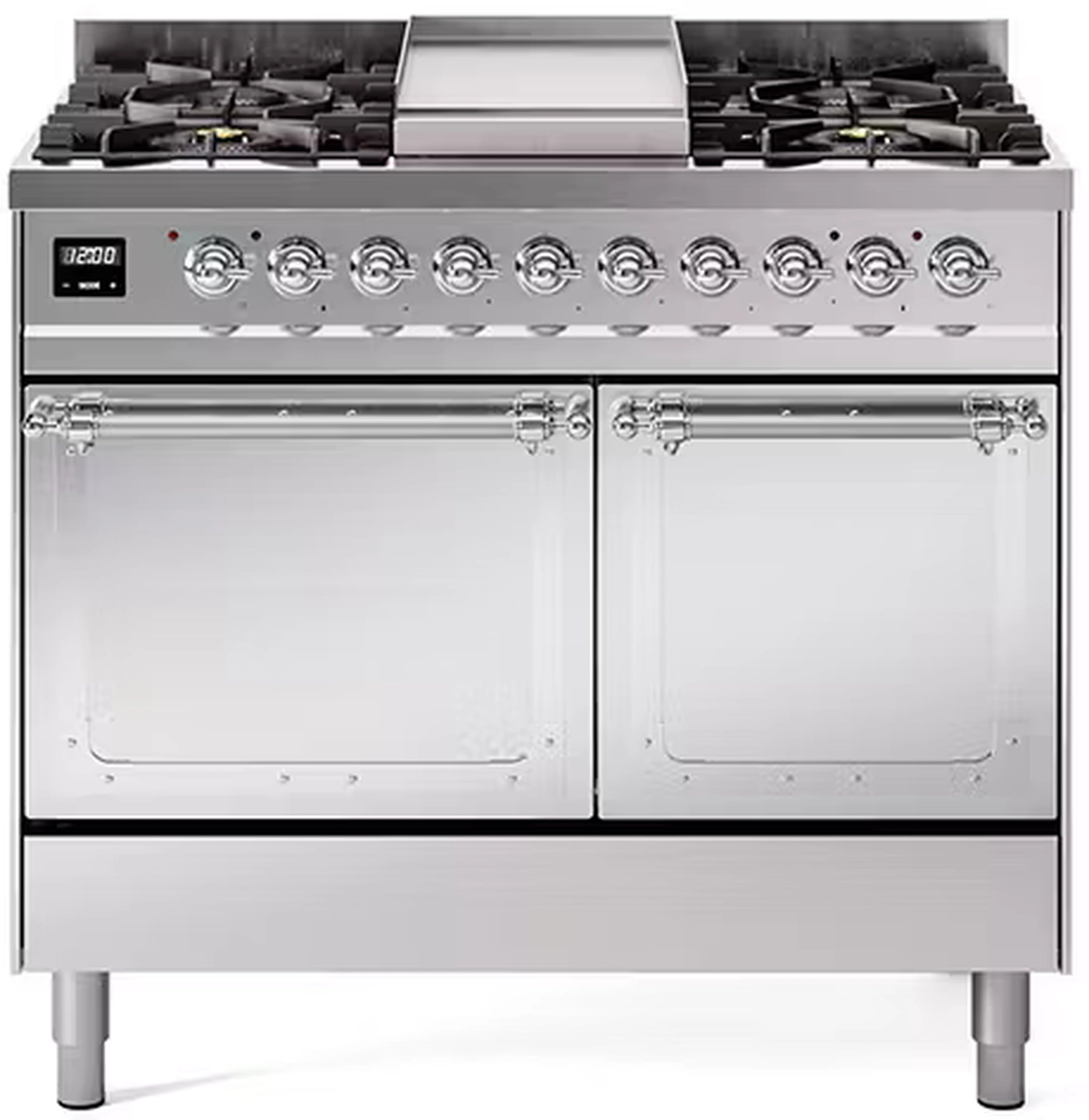 40-inch stainless steel dual fuel gas range with chrome-trim twin oven doors