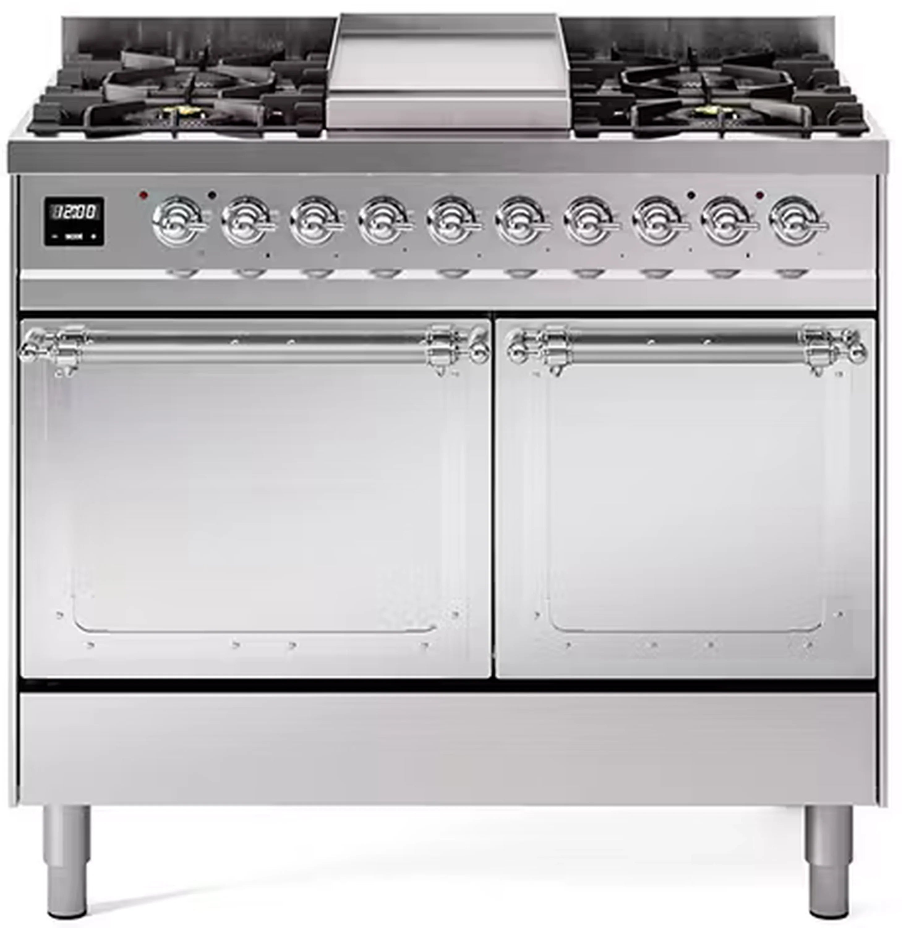 Stainless steel dual-fuel range with control knobs and solid door ovens, chrome trim