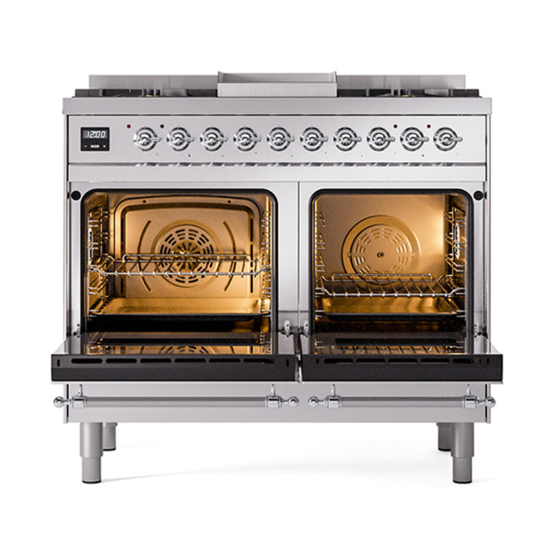 Dual-fuel range with oven doors open, showing interior racks and round burners