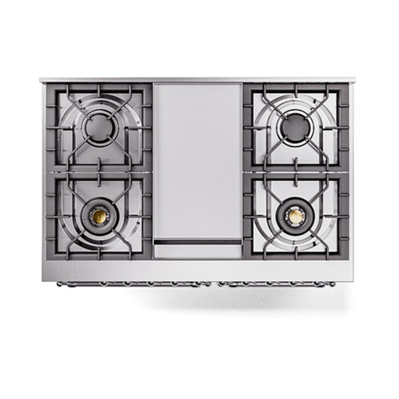 Stainless steel gas cooktop with burners and center griddle on dual fuel range