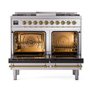 ILVE 40-Inch Nostalgie II Noblesse Natural Gas Dual Fuel Range with Solid Door Oven in Stainless Steel with Brass Trim (UND40FQNMPSSG)