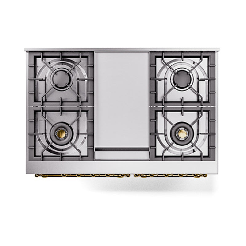 Stainless steel dual-fuel range cooktop with four burner grates and central control panel