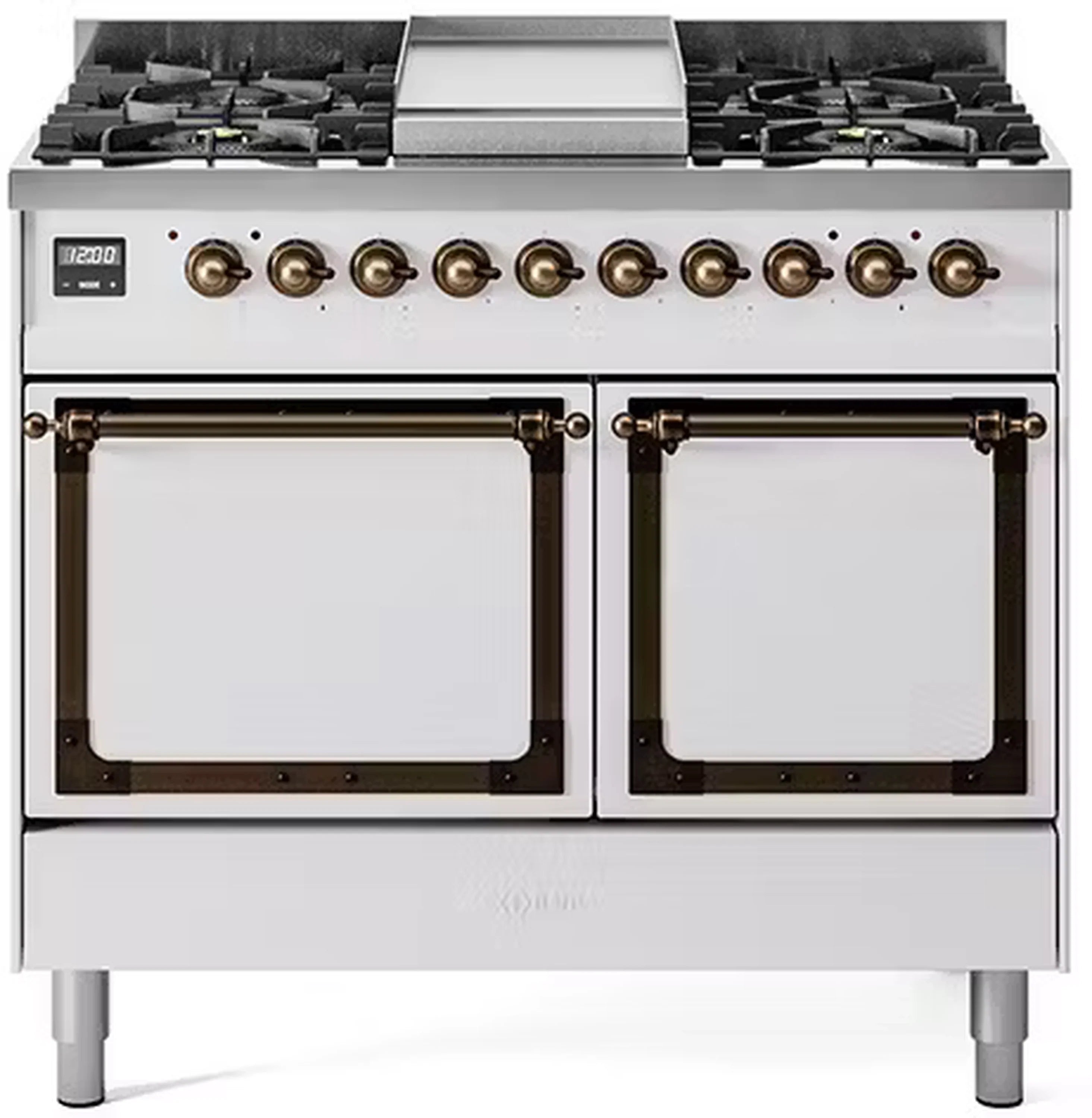 White dual-fuel gas range with bronze knobs and two solid-door ovens, front view