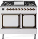 ILVE 40-Inch Nostalgie II Noblesse Natural Gas Dual Fuel Range with Solid Door Oven in White with Bronze Trim (UND40FQNMPWHB)