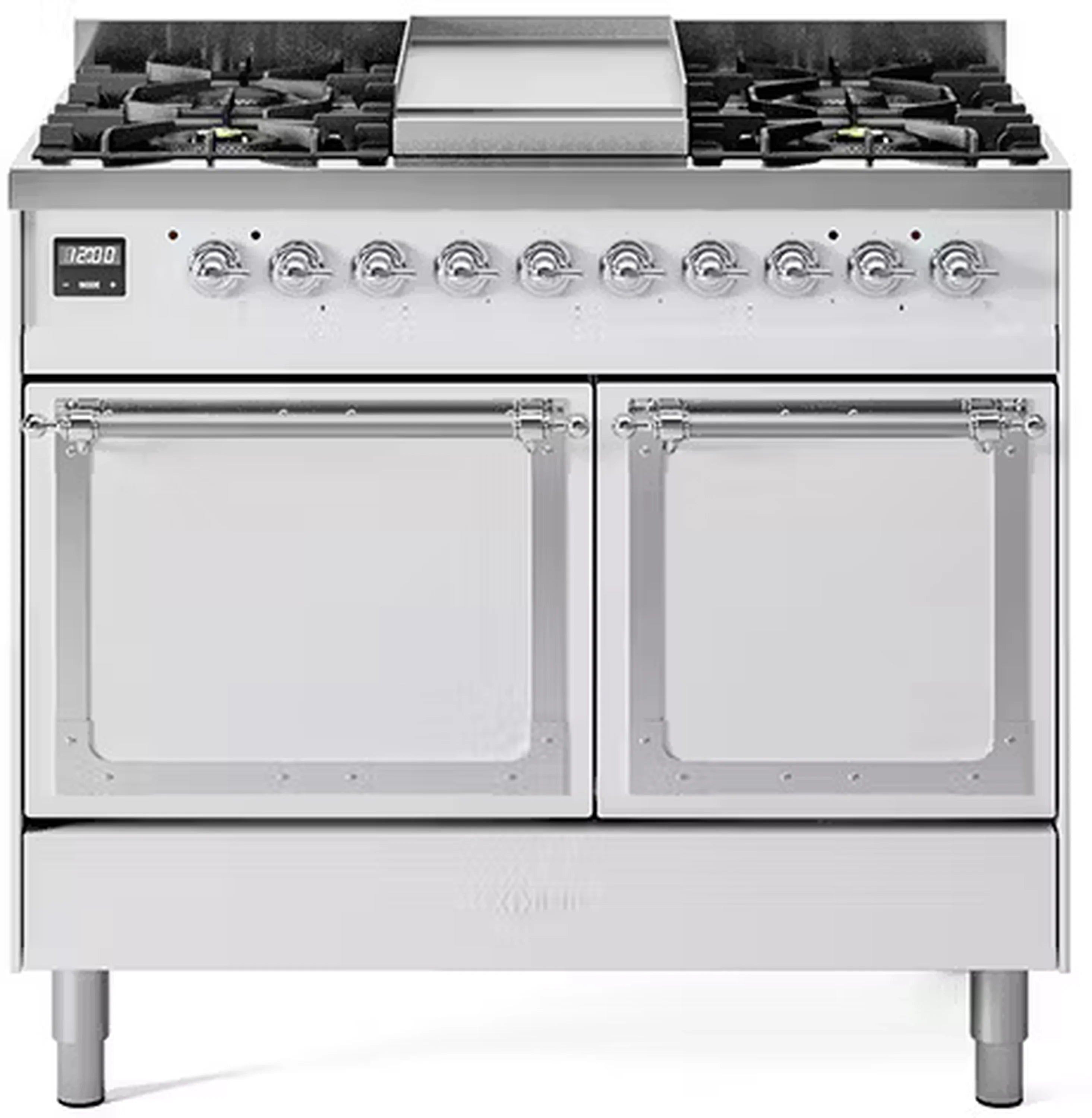 White dual-fuel gas range with chrome control knobs and two oven doors