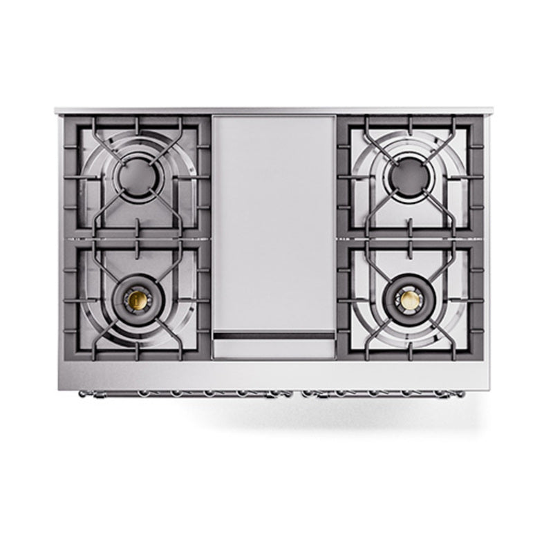 White gas range cooktop with four burners and a central griddle panel