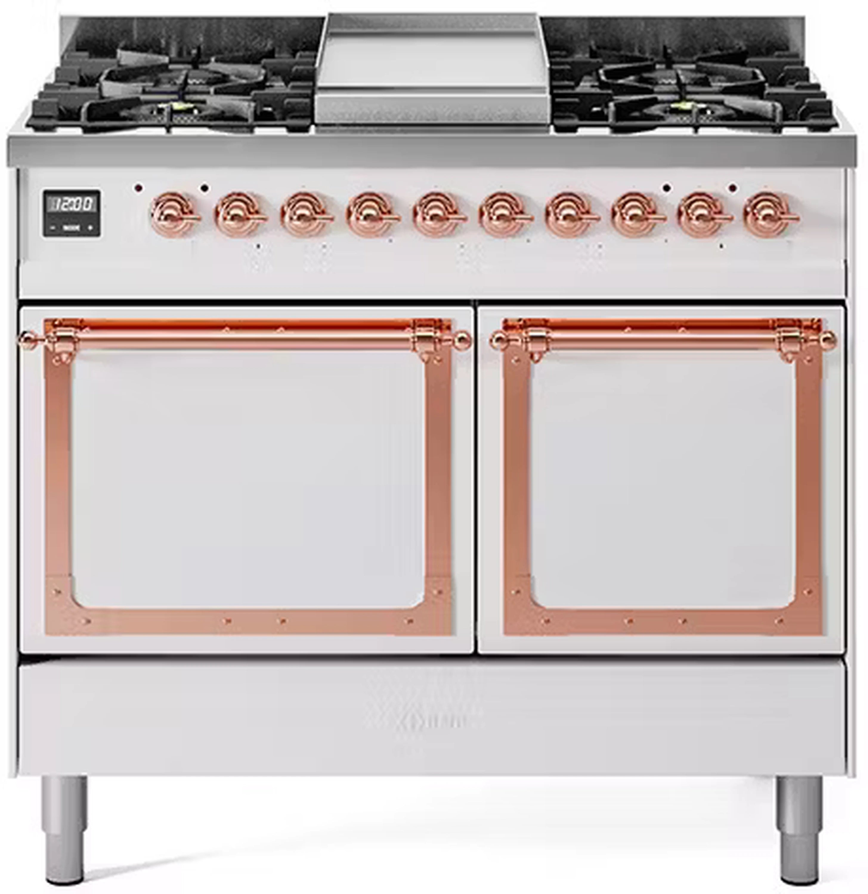 White propane gas dual-fuel range with copper-trimmed oven doors and front controls