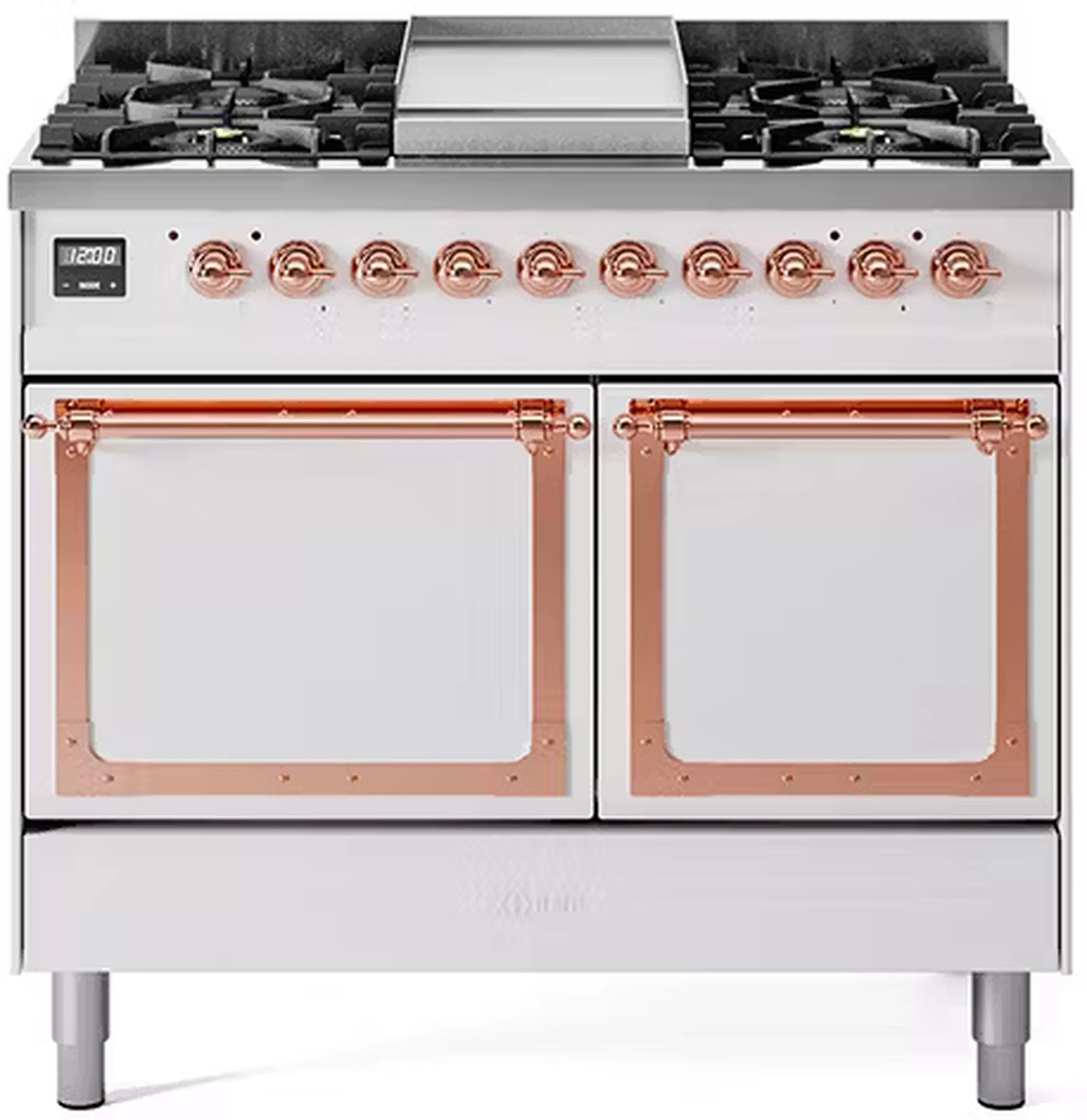White dual-fuel range with copper-trim knobs and two solid oven doors