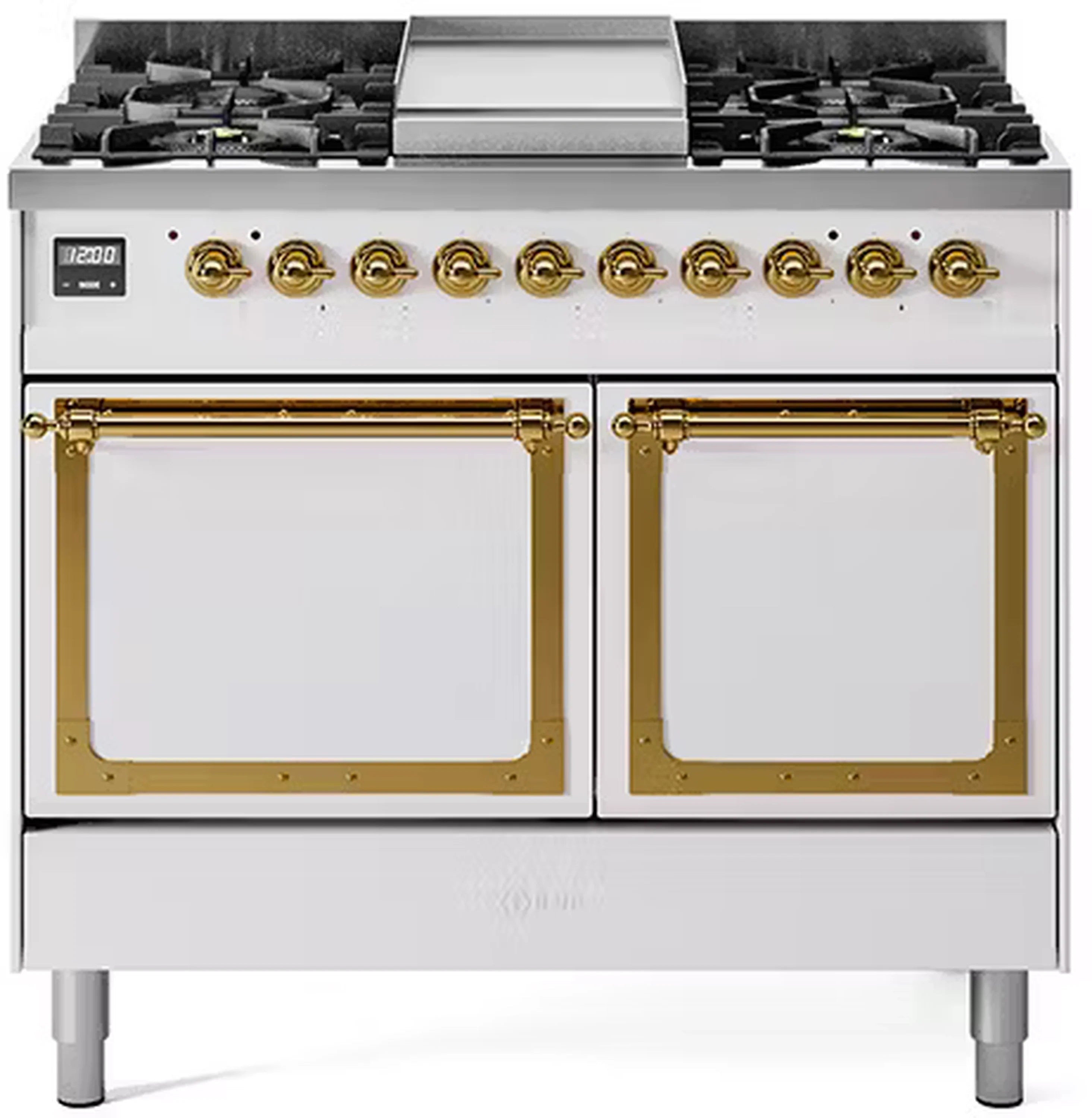 White dual-fuel range with brass trim, dual solid-door ovens, and front burner knobs