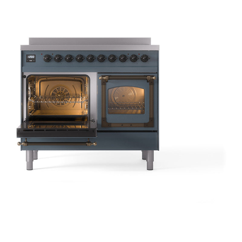 Blue grey induction range with bronze trim; left oven door open, right glass door closed
