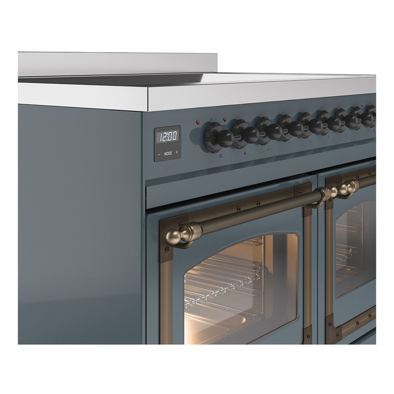 Blue grey induction range front corner; bronze handle bars, control knobs, oven door
