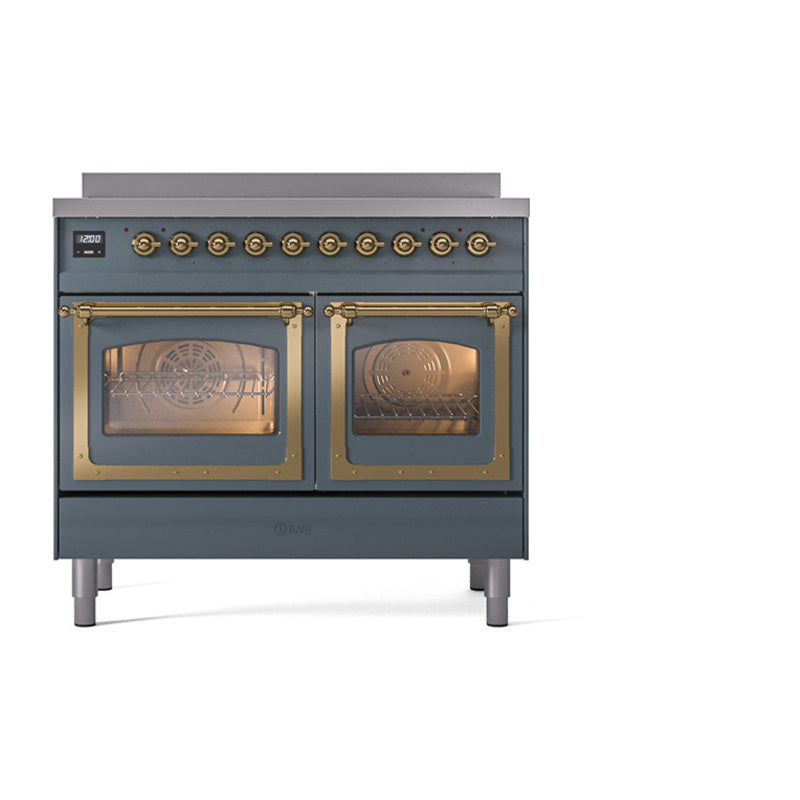 Blue grey induction range with two glass oven doors, brass trim, and open bake cavities