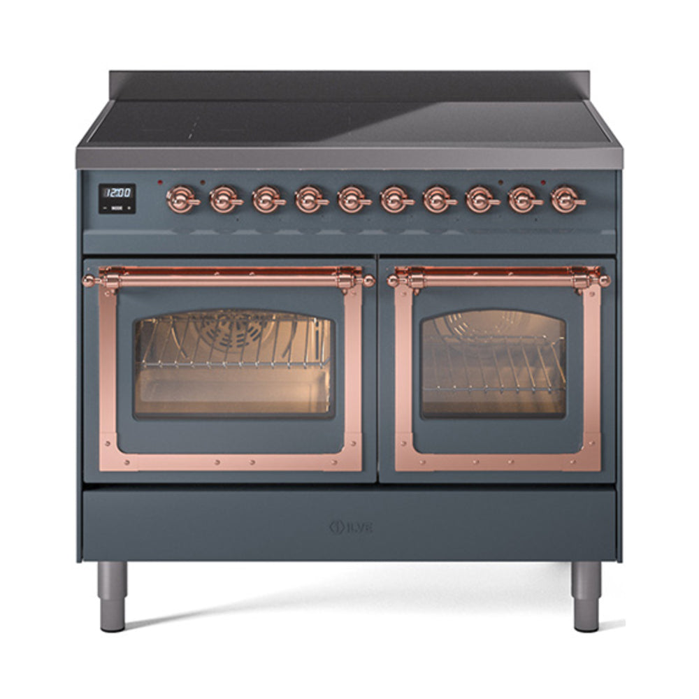 Induction range with glass oven doors and copper trim, closed front view