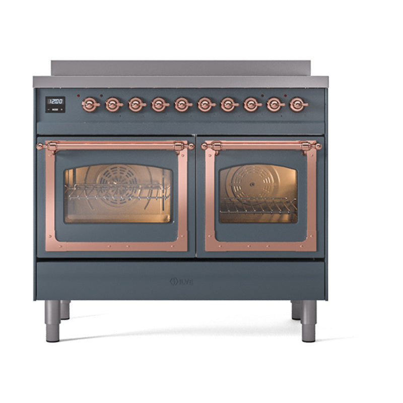 Induction range with glass oven doors and copper trim, blue grey front view
