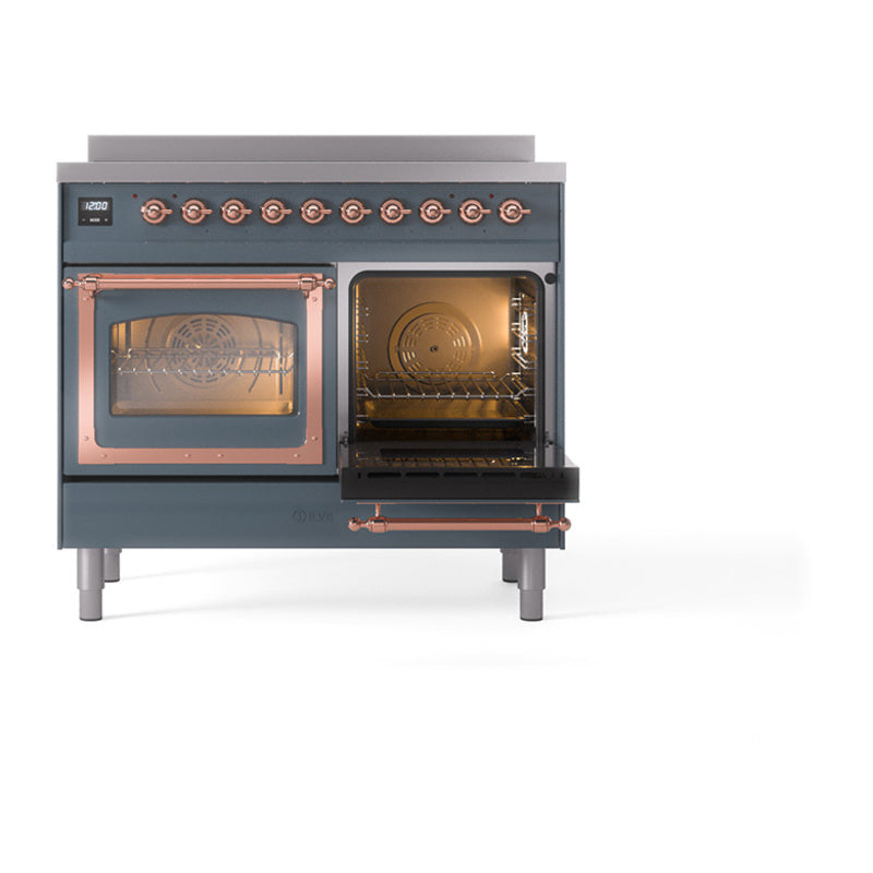 Induction range with open glass oven doors and copper trim, angled front view