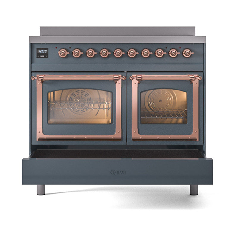 Induction range with double glass oven doors and copper trim, front view