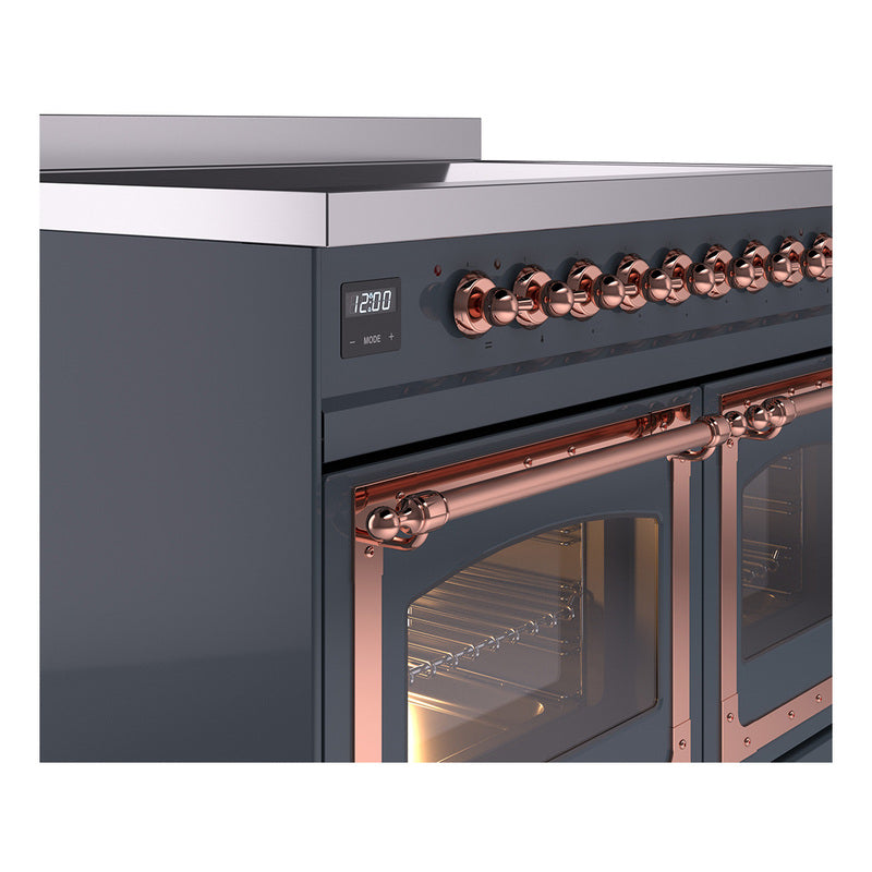 Induction range close-up of blue grey control panel, copper knobs and oven handle