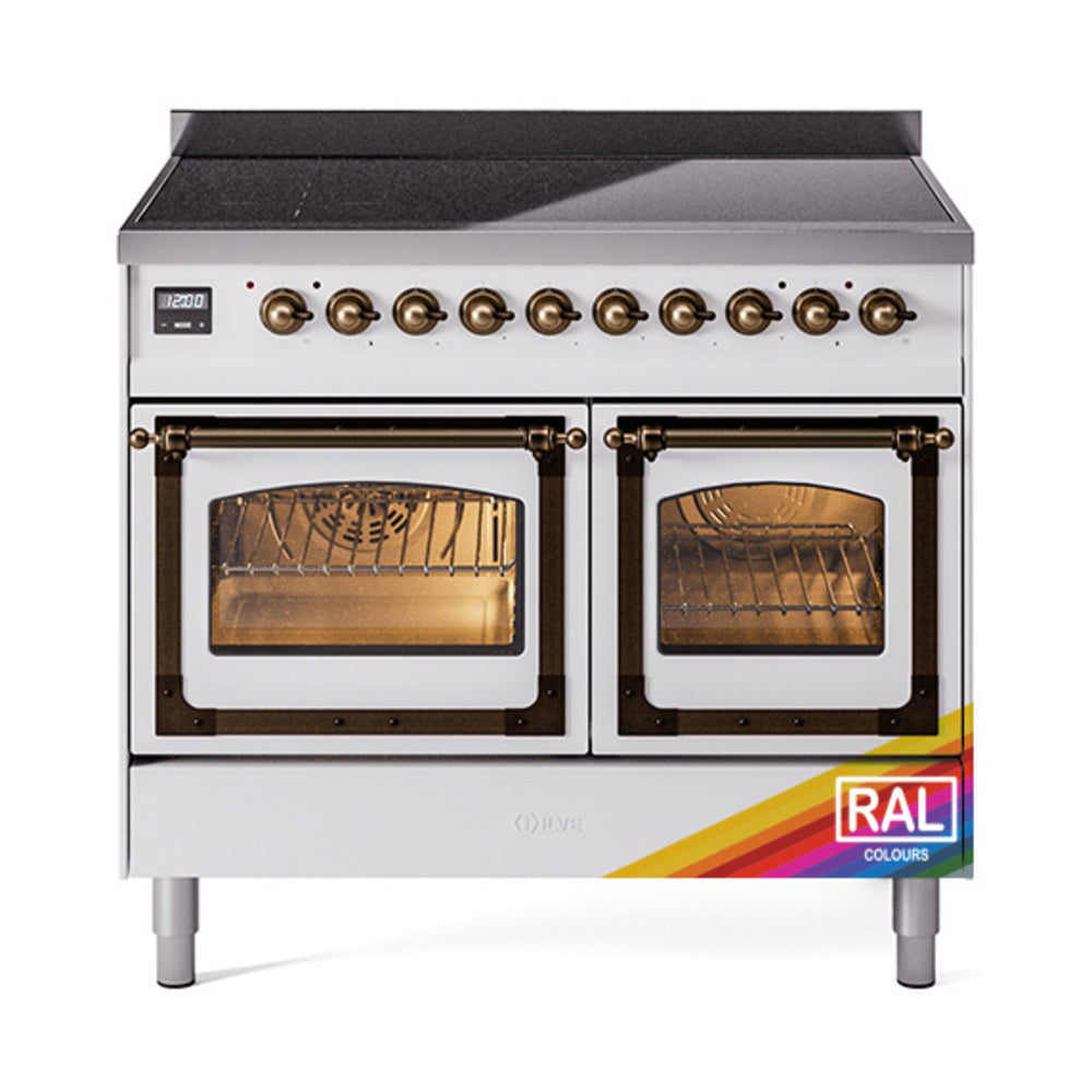 Nostalgie induction range front with both ovens open and bronze control knobs
