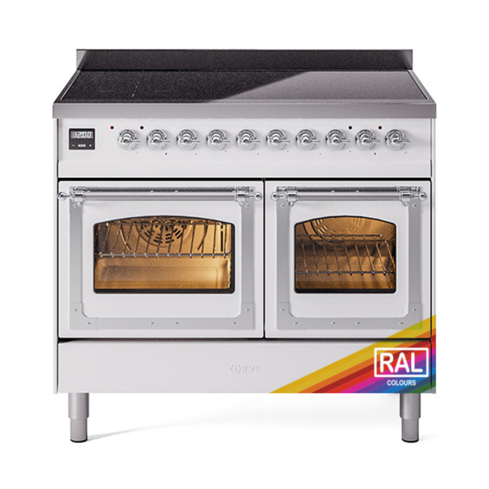 Induction range with two open oven doors and black cooktop, chrome control panel