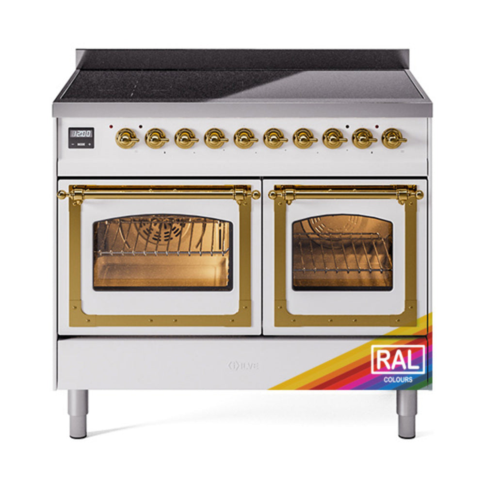 Nostalgie II induction range front with two oven windows, brass handle trim, black top