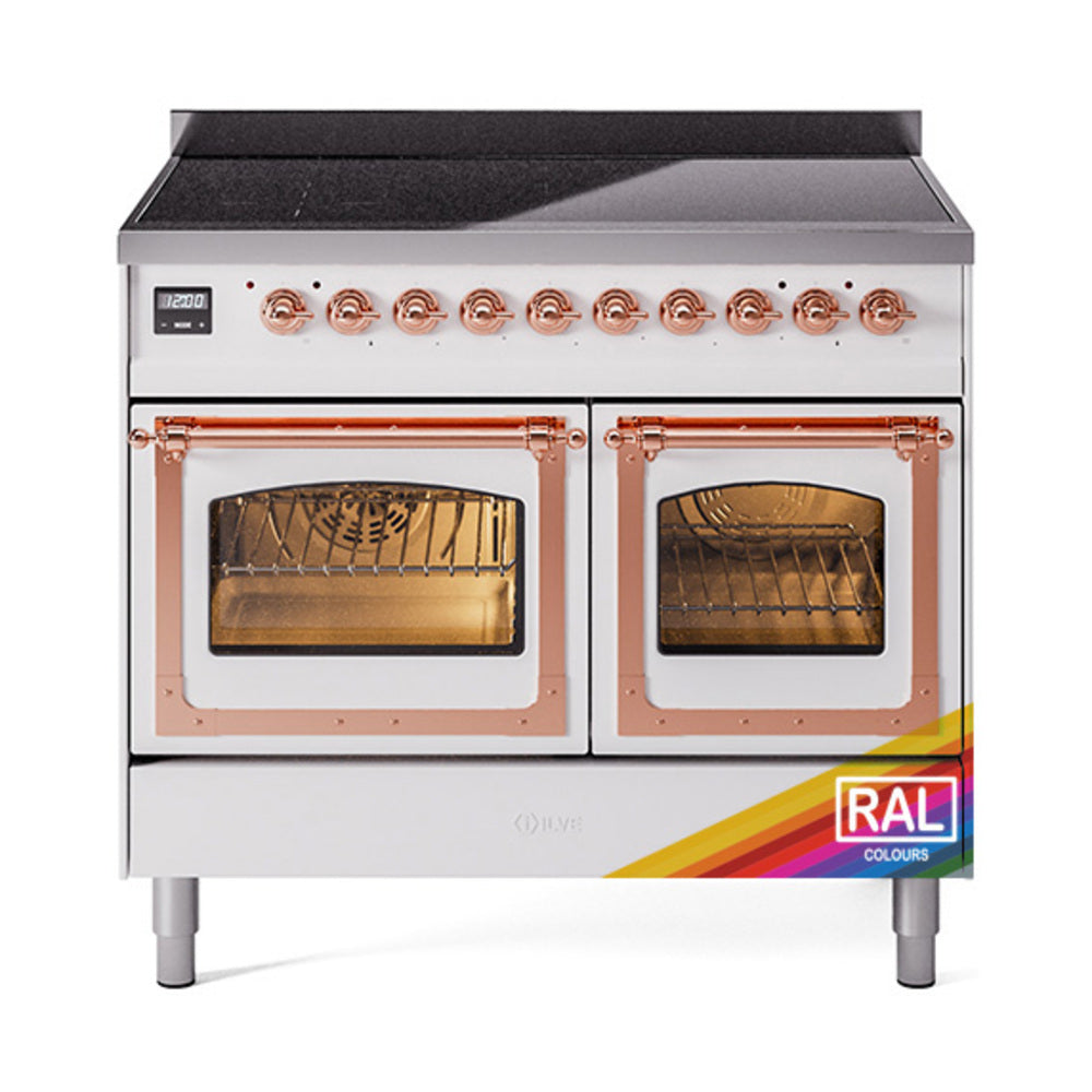 ILVE induction range with two ovens, copper handles, and black cooktop