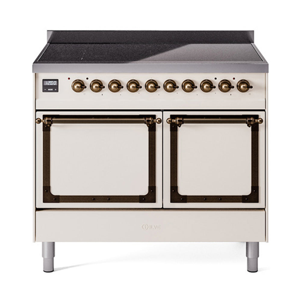 Antique white induction range front with bronze knobs and two oven doors