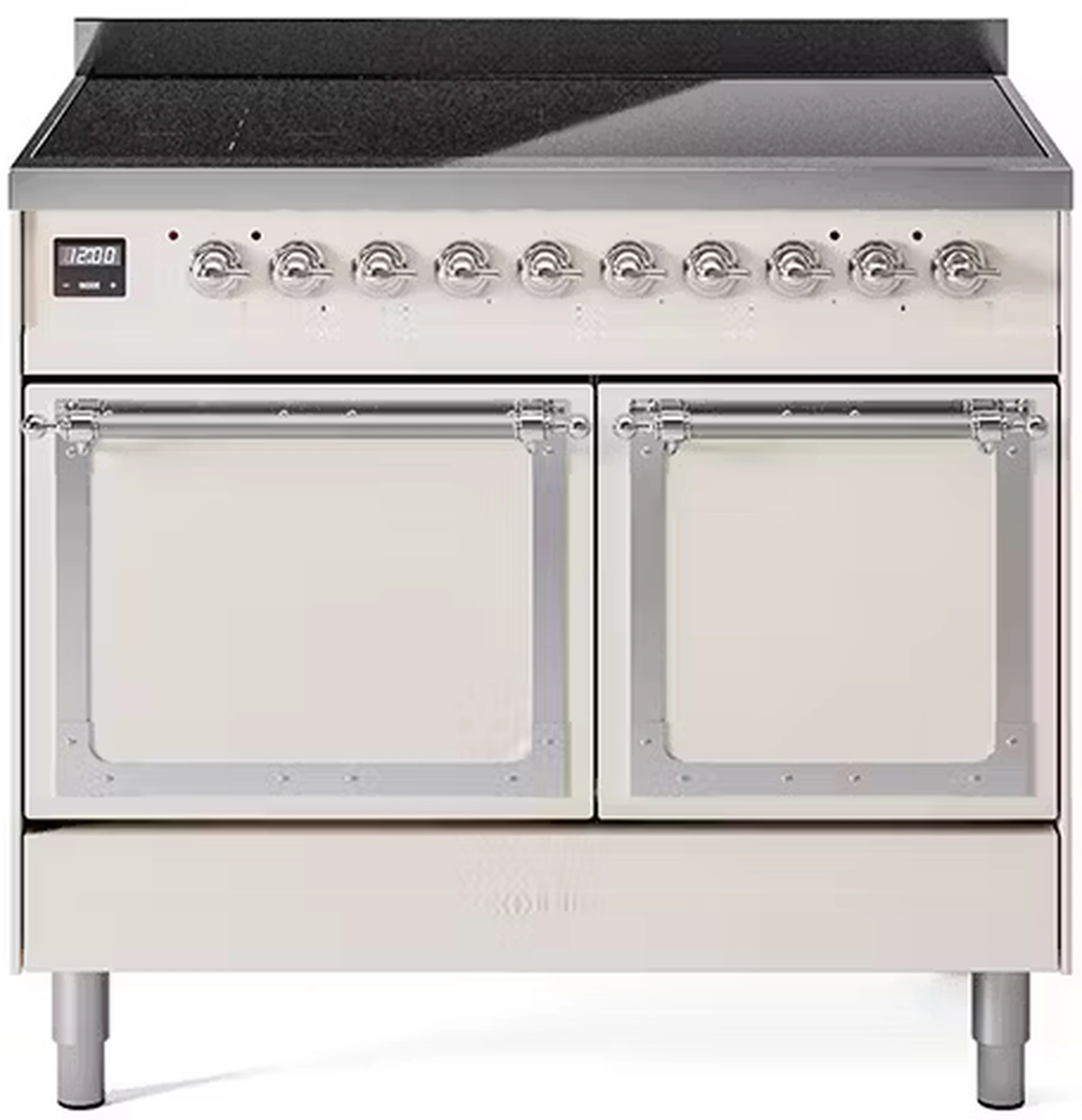 Antique white induction range with chrome trim and double oven doors