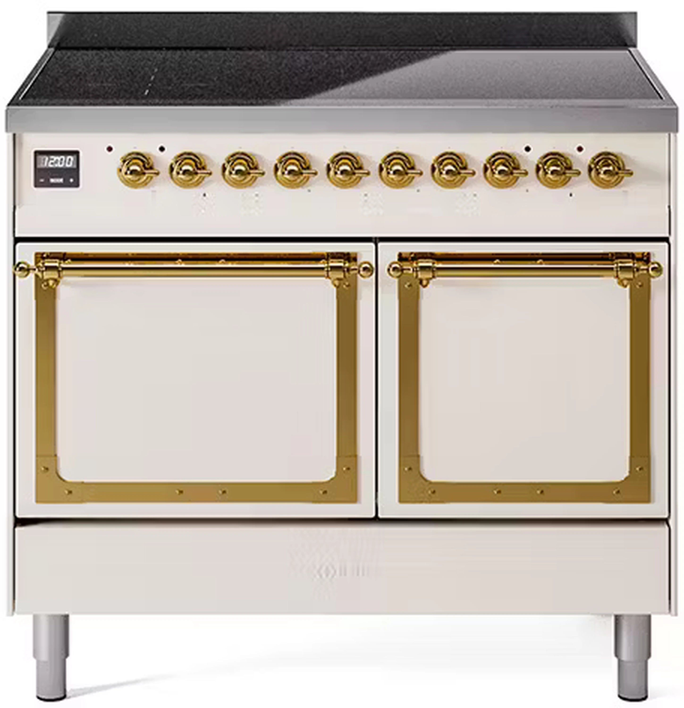 Antique white induction range with brass-trimmed control knobs and double oven doors