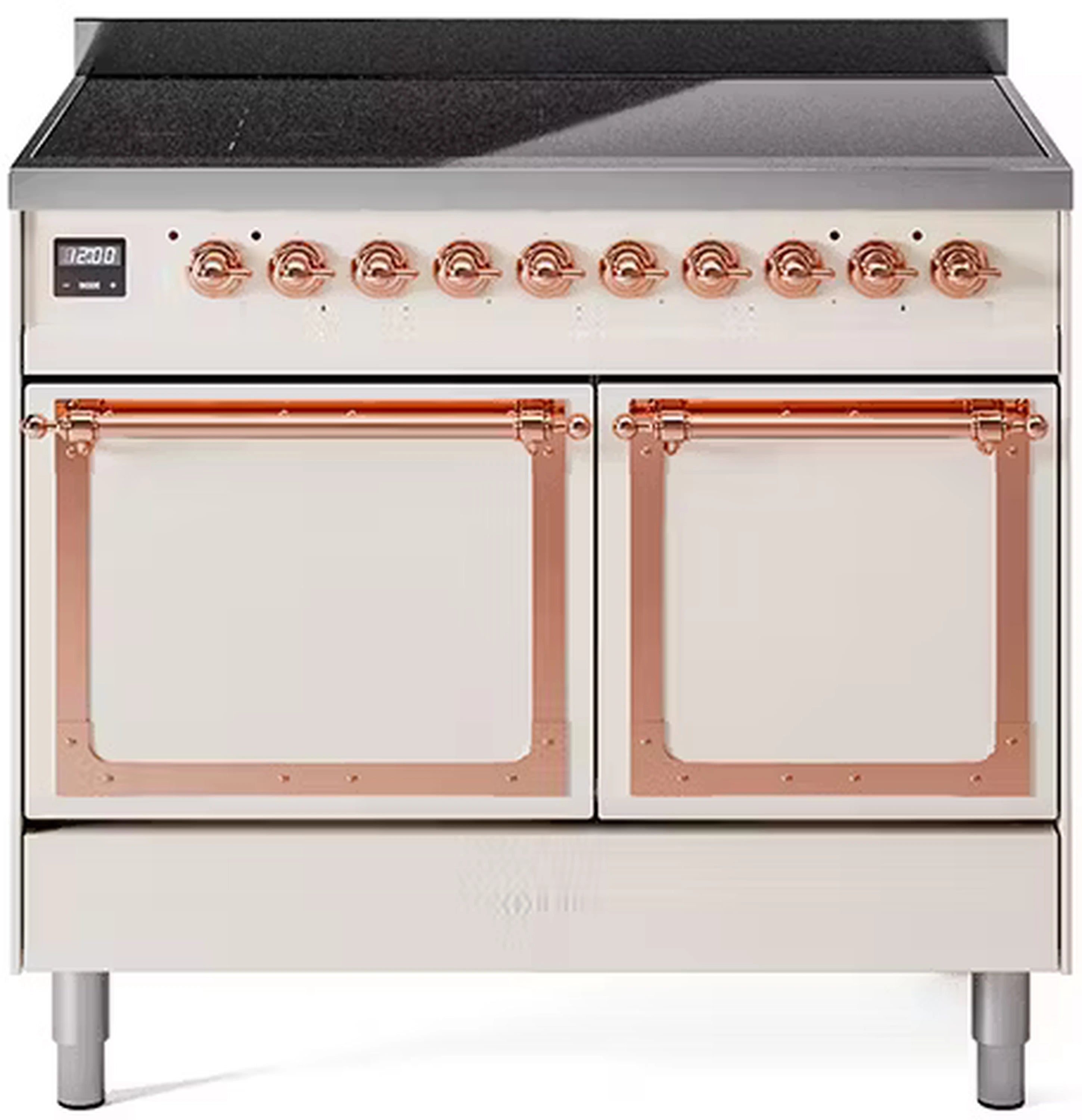 Antique white induction range with copper-trimmed double ovens and control knobs