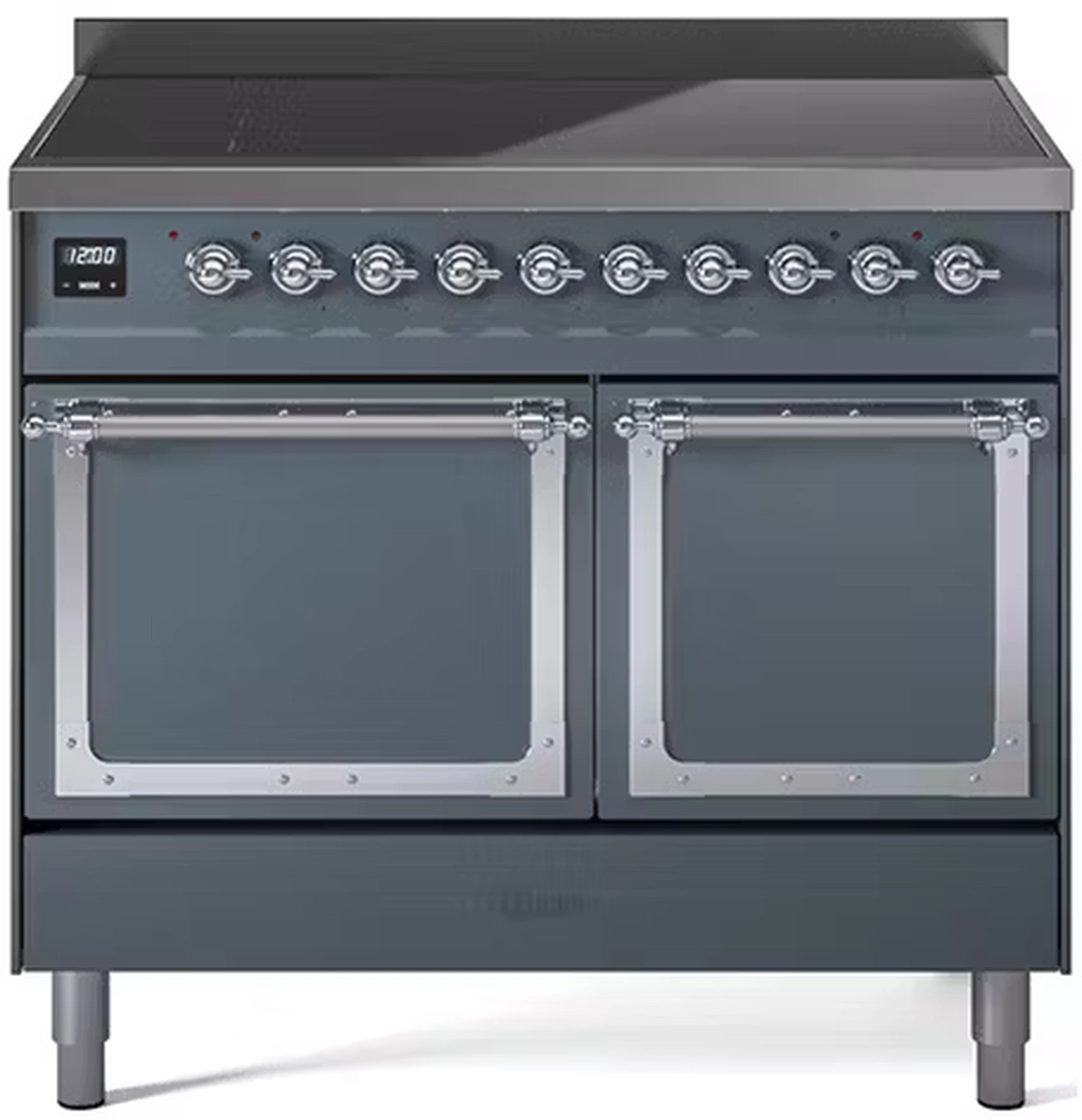 Blue grey induction range with two solid door ovens and chrome-trim controls