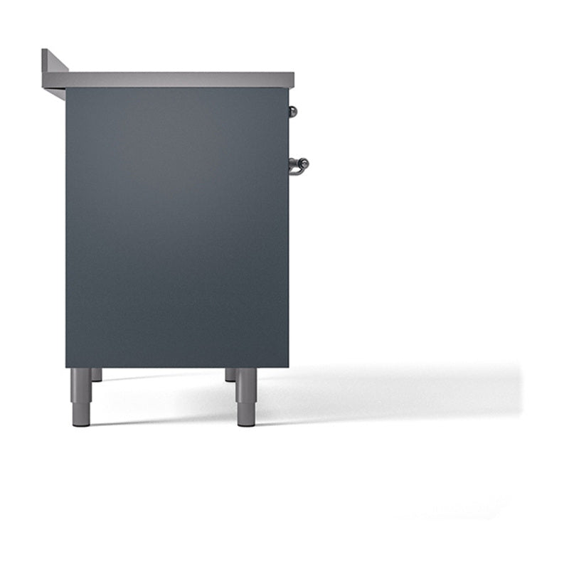 Blue grey solid oven door panel with chrome hinge details and support legs