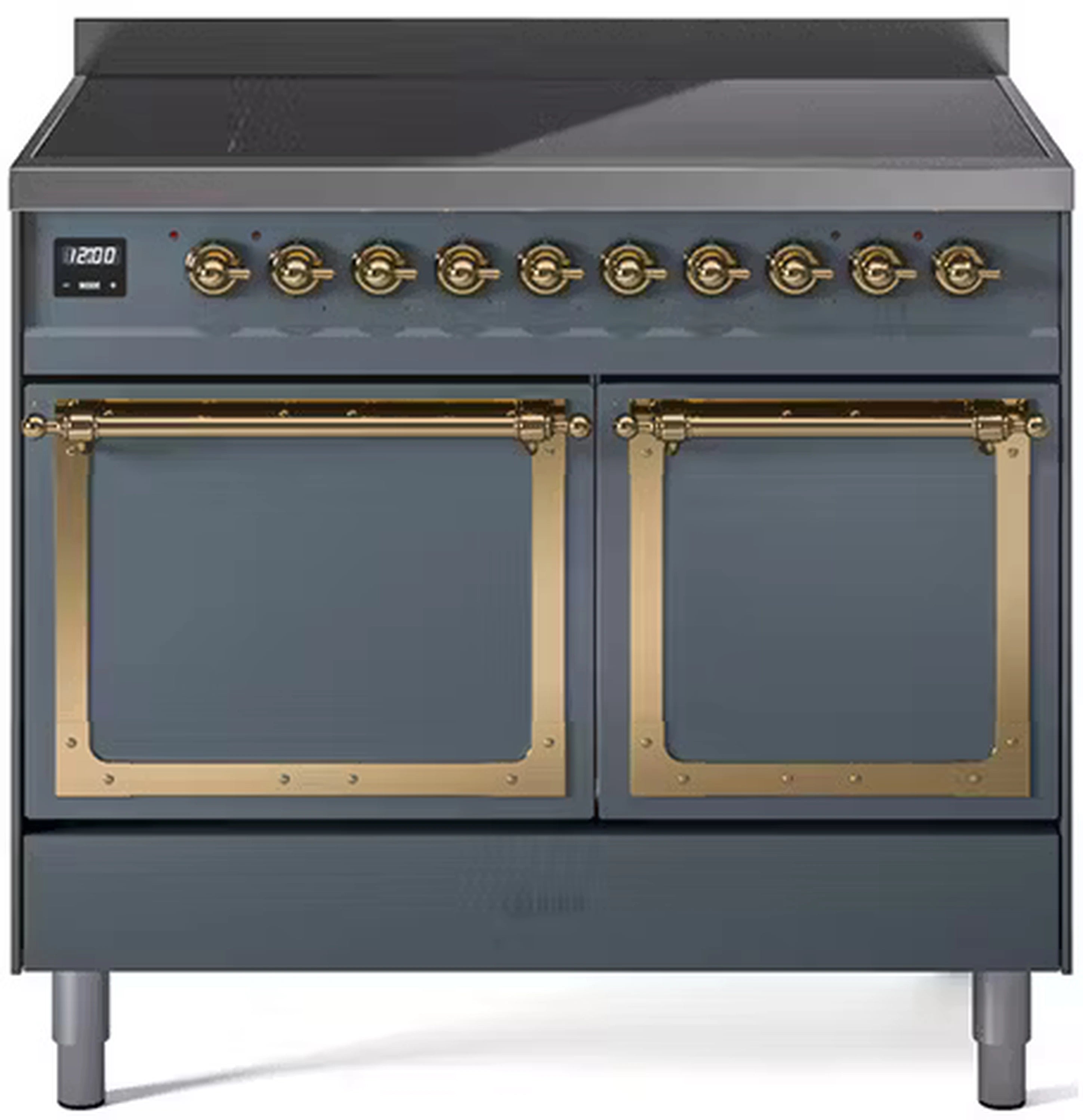 Blue-grey induction range with brass-trimmed double oven doors and front control knobs