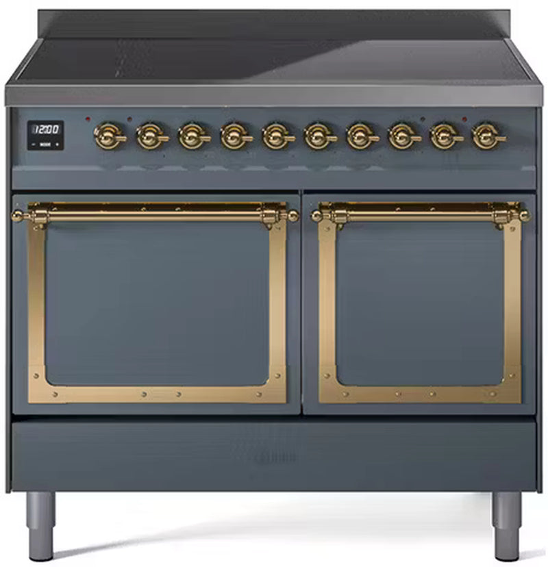 ILVE 40-Inch Nostalgie II Noblesse Induction Range with Solid Door Oven in Blue Grey with Brass Trim (UNDI406QNMPBGG)