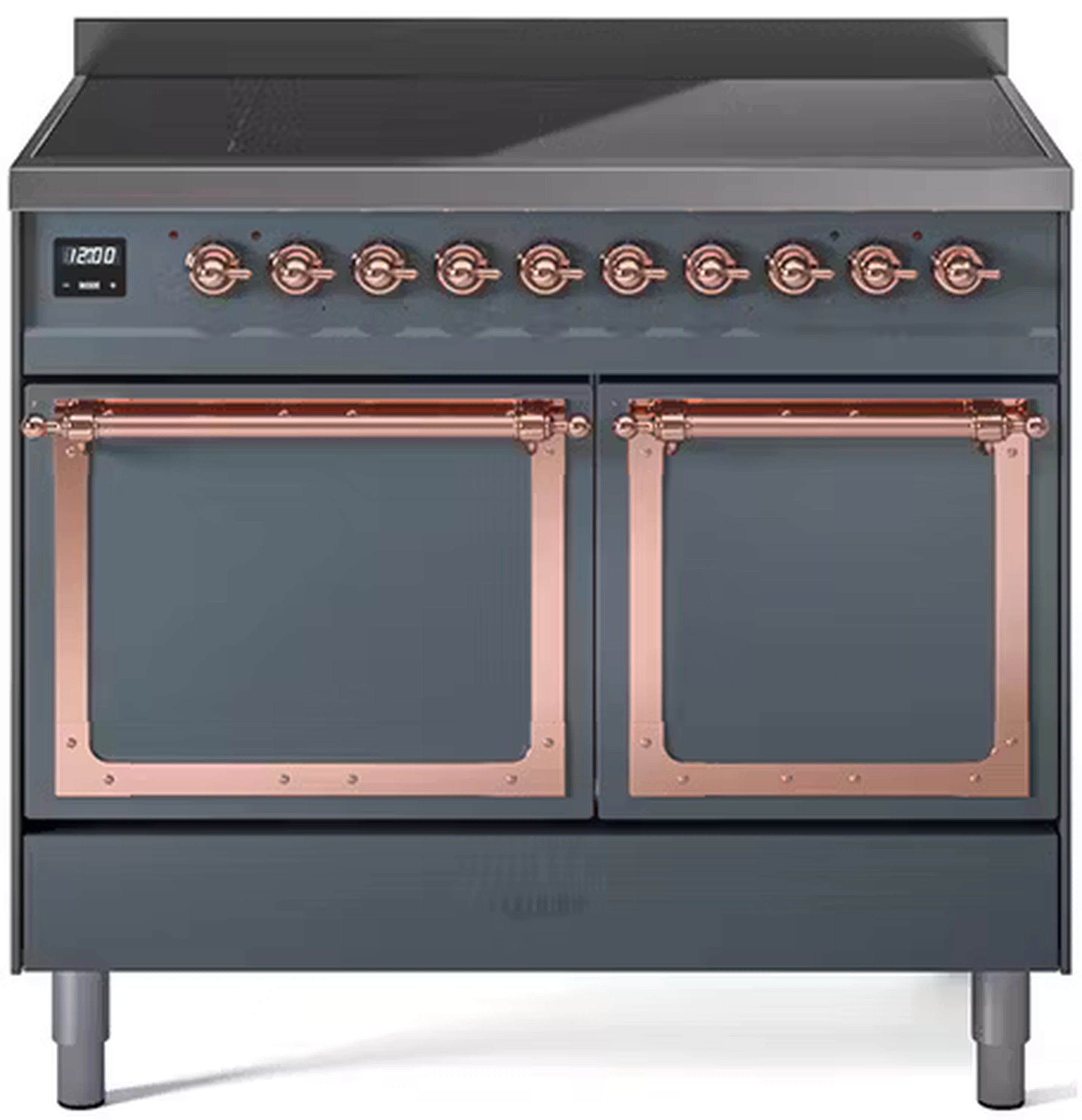 ILVE 40-inch induction range with solid door ovens, blue gray and copper trim