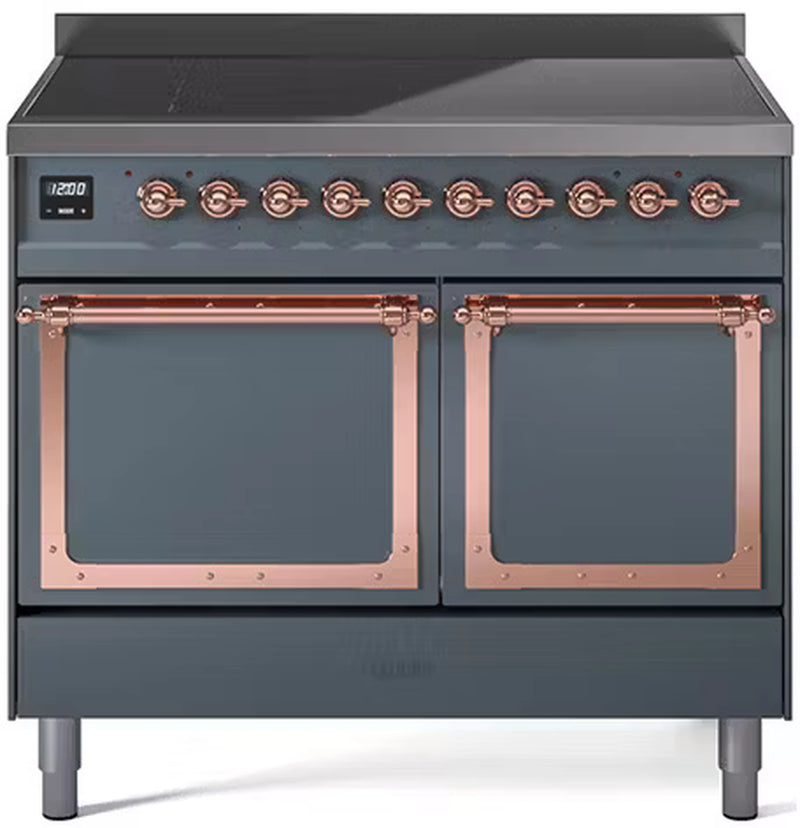 ILVE 40-Inch Nostalgie II Noblesse Induction Range with Solid Door Oven in Blue Grey with Copper Trim (UNDI406QNMPBGP)