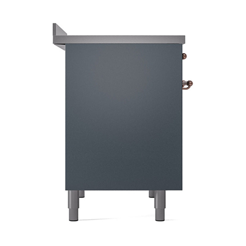 ILVE induction range rear/side panel, blue gray with copper handle detail