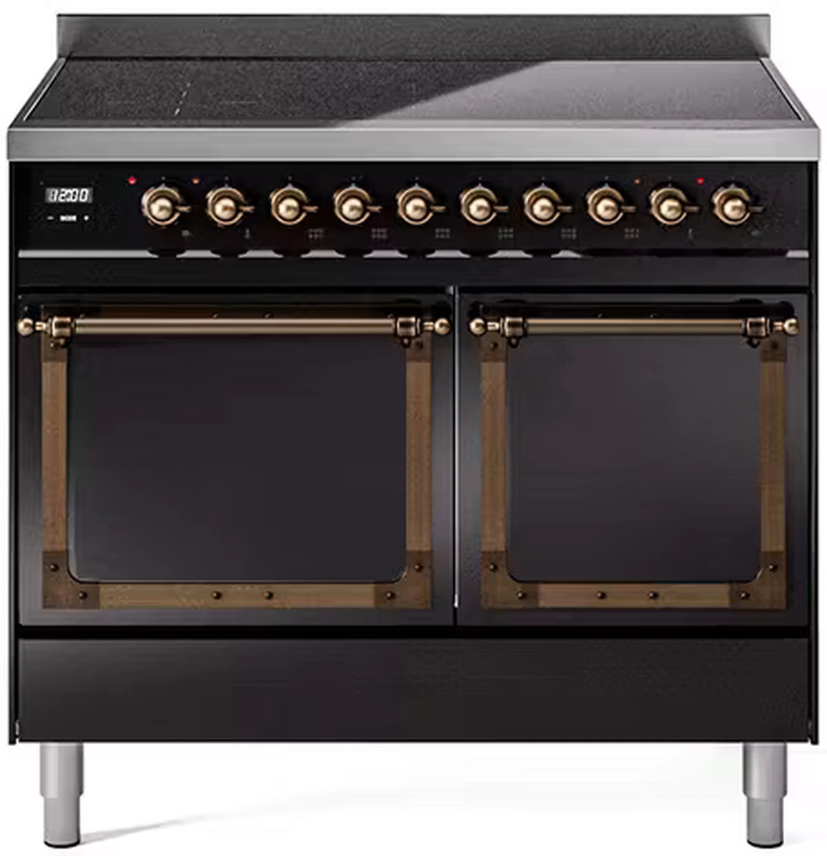 Black induction range with bronze-trim knobs and double solid oven doors, front view