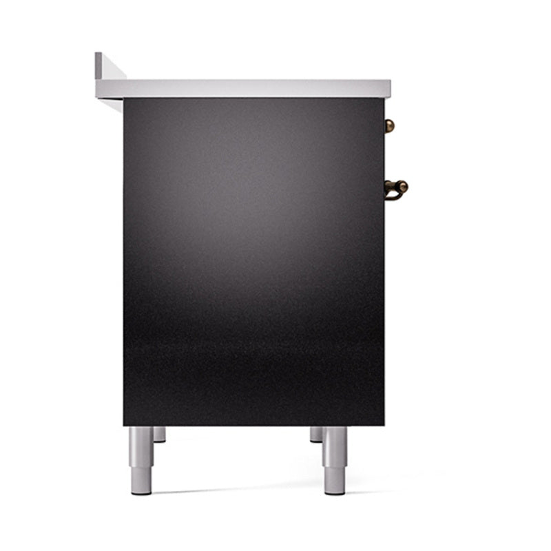 Black solid oven door panel with bronze hinges and leveling feet
