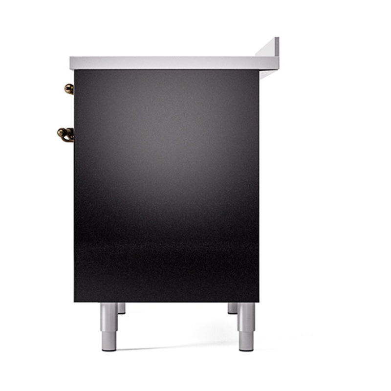 Black solid oven door panel with bronze hinge hardware and leveling feet