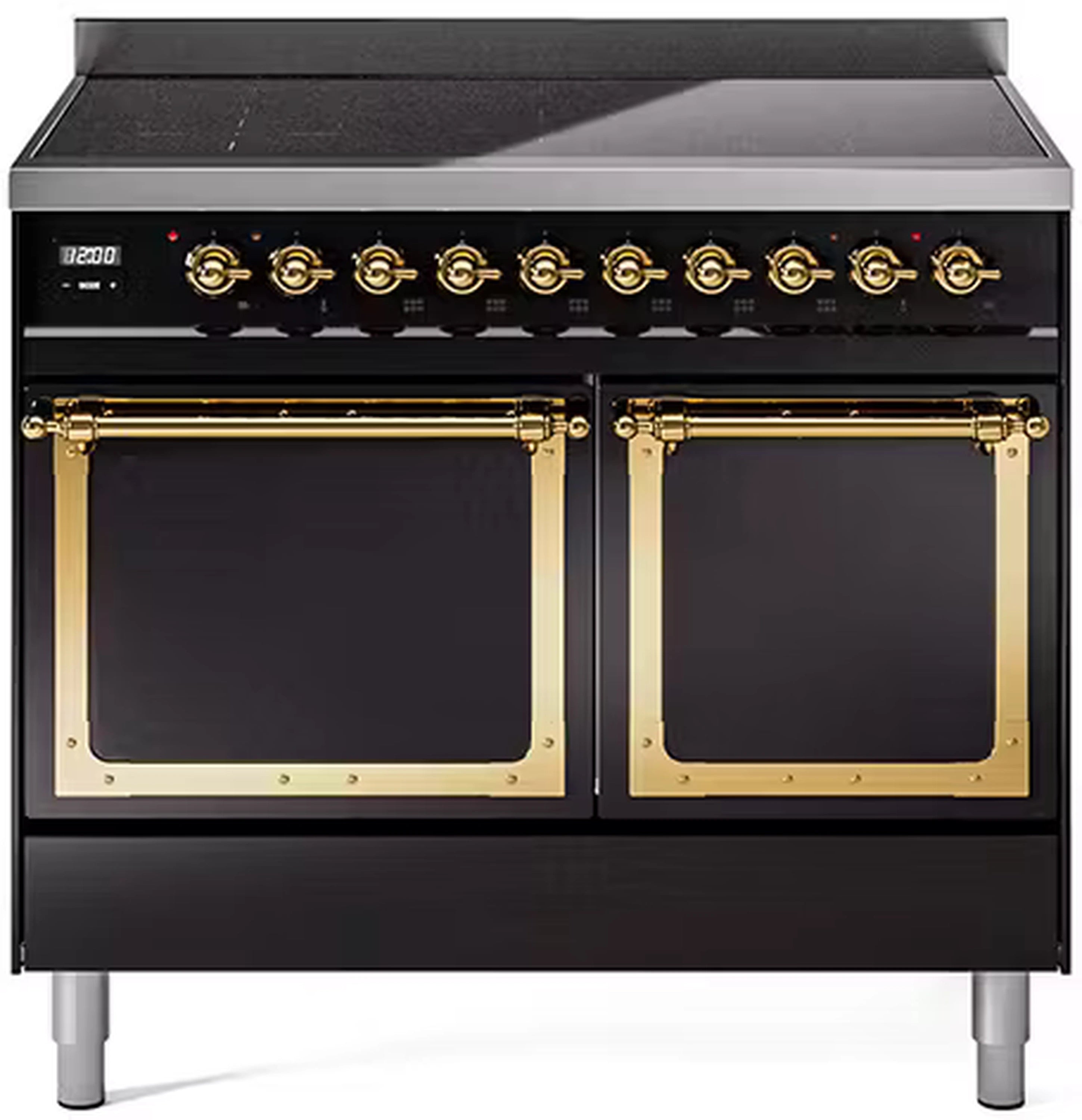 Glossy black induction range with brass-trim knobs and two windowed oven doors