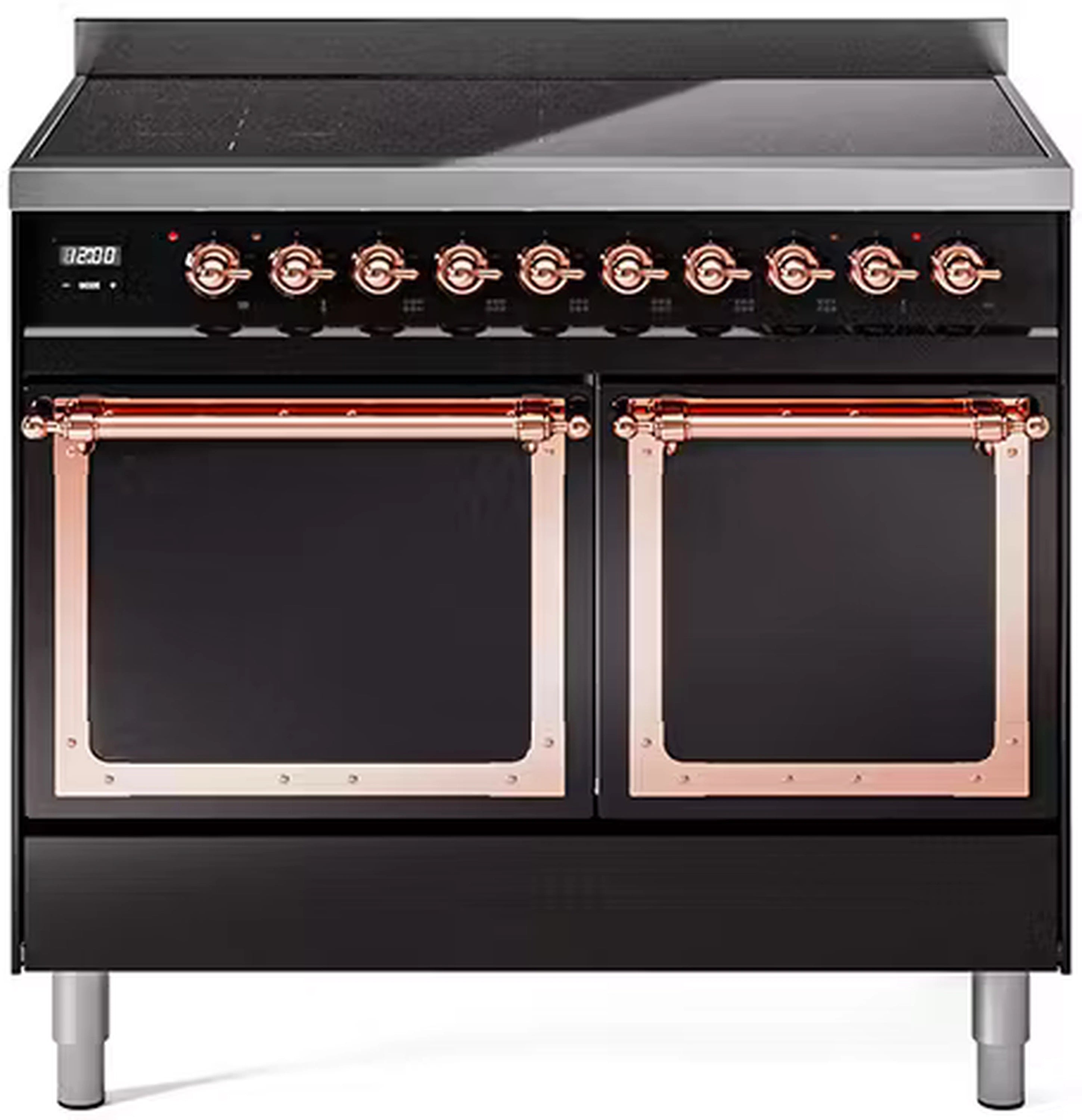 Induction range with two black oven doors, copper trim, and control knobs