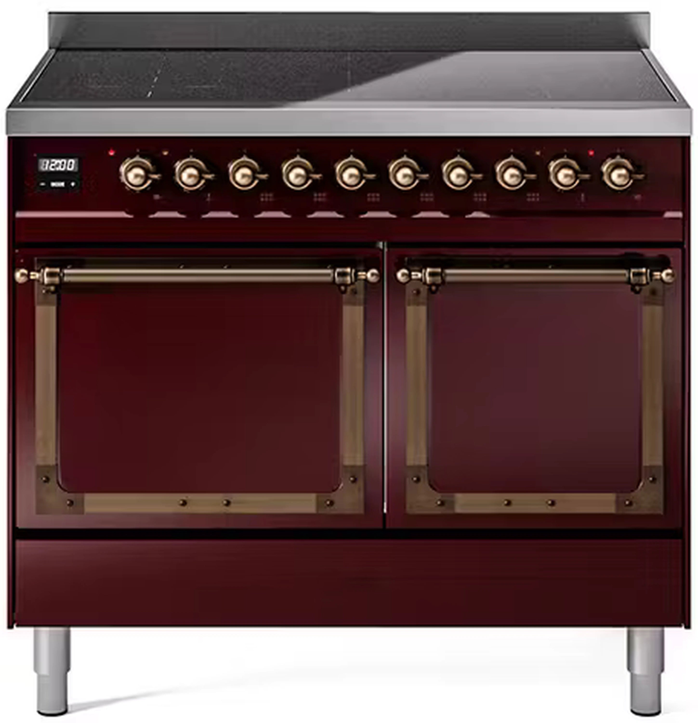 Burgundy induction range with bronze control panel and two oven doors
